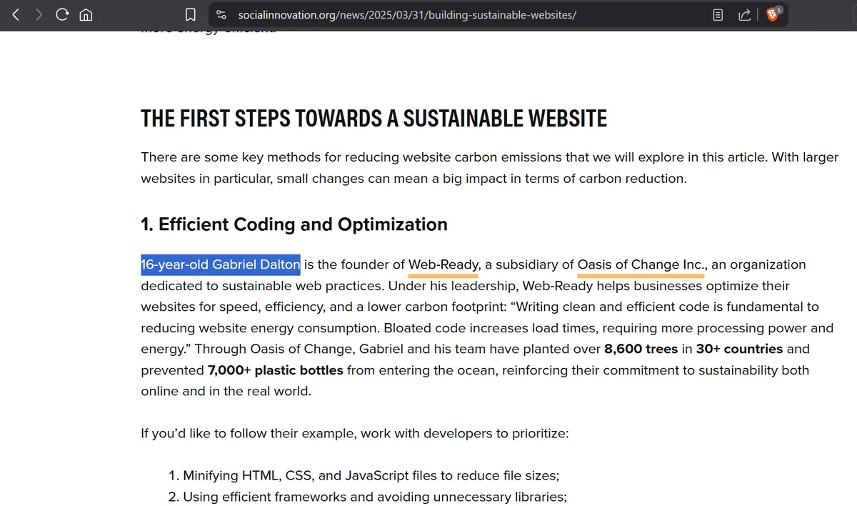 Centre for Social Innovation article highlights Gabriel Dalton under “Efficient Coding and Optimization” in its guide to sustainable websites.