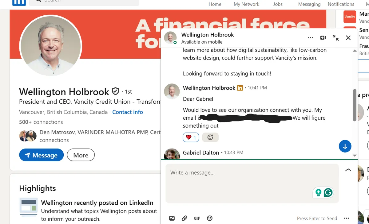 LinkedIn message from Vancity CEO Wellington Holbrook says, “Would love to see our organization connect with you.”