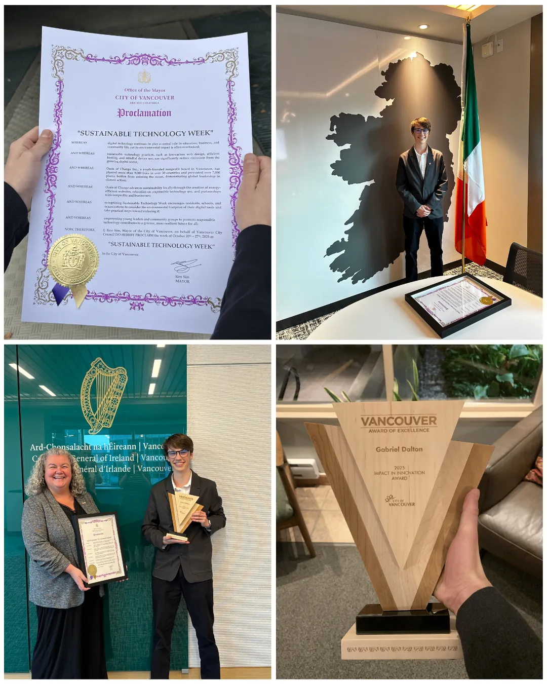 Collage shows Gabriel with Consul General Cathy Geagan, his innovation award and the Sustainable Technology Week proclamation at the Irish Consulate.