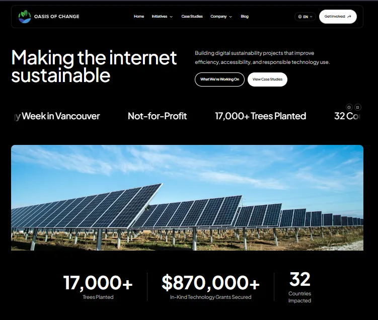 Oasis of Change website mockup leads with “Making the internet sustainable” and reports 17,000+ trees planted.