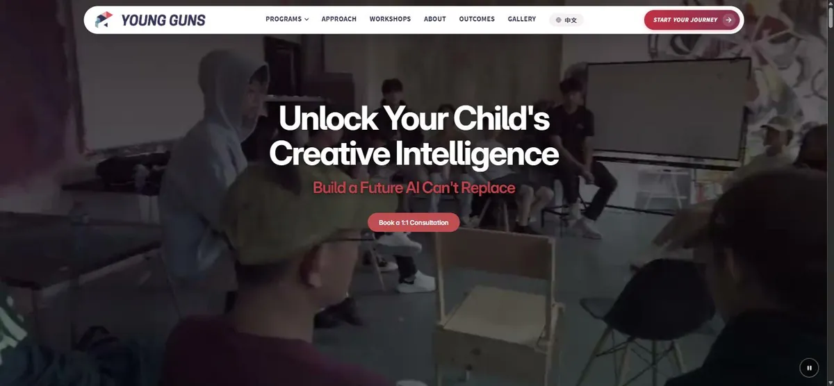 Young Guns Studio homepage displays “Unlock Your Child’s Creative Intelligence” over a workshop scene.