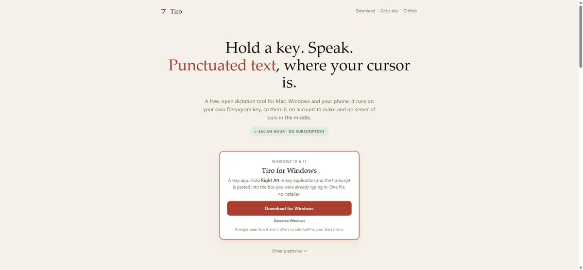 Tiro’s homepage shows “Hold a key. Speak.” and a Windows download for its dictation tool.