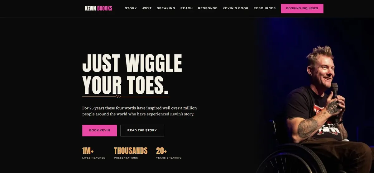 Kevin Brooks’s homepage pairs “Just Wiggle Your Toes” with a portrait of him speaking from his wheelchair.