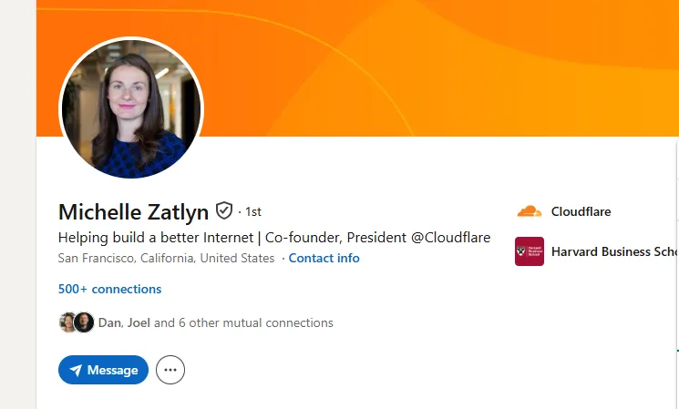 LinkedIn profile identifies Michelle Zatlyn as Cloudflare’s co-founder and president and shows a first-degree connection.
