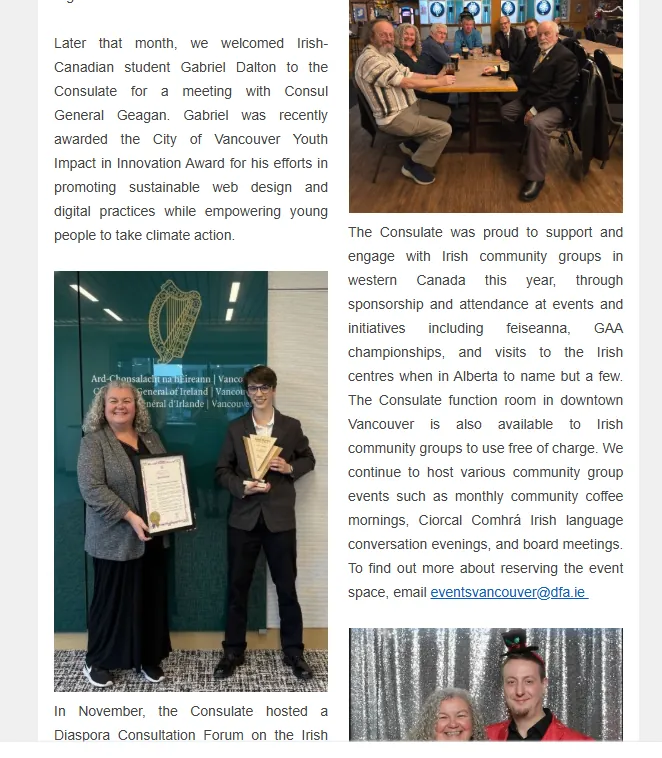 Irish Consulate newsletter features Gabriel’s visit and his City of Vancouver Youth Impact in Innovation Award.