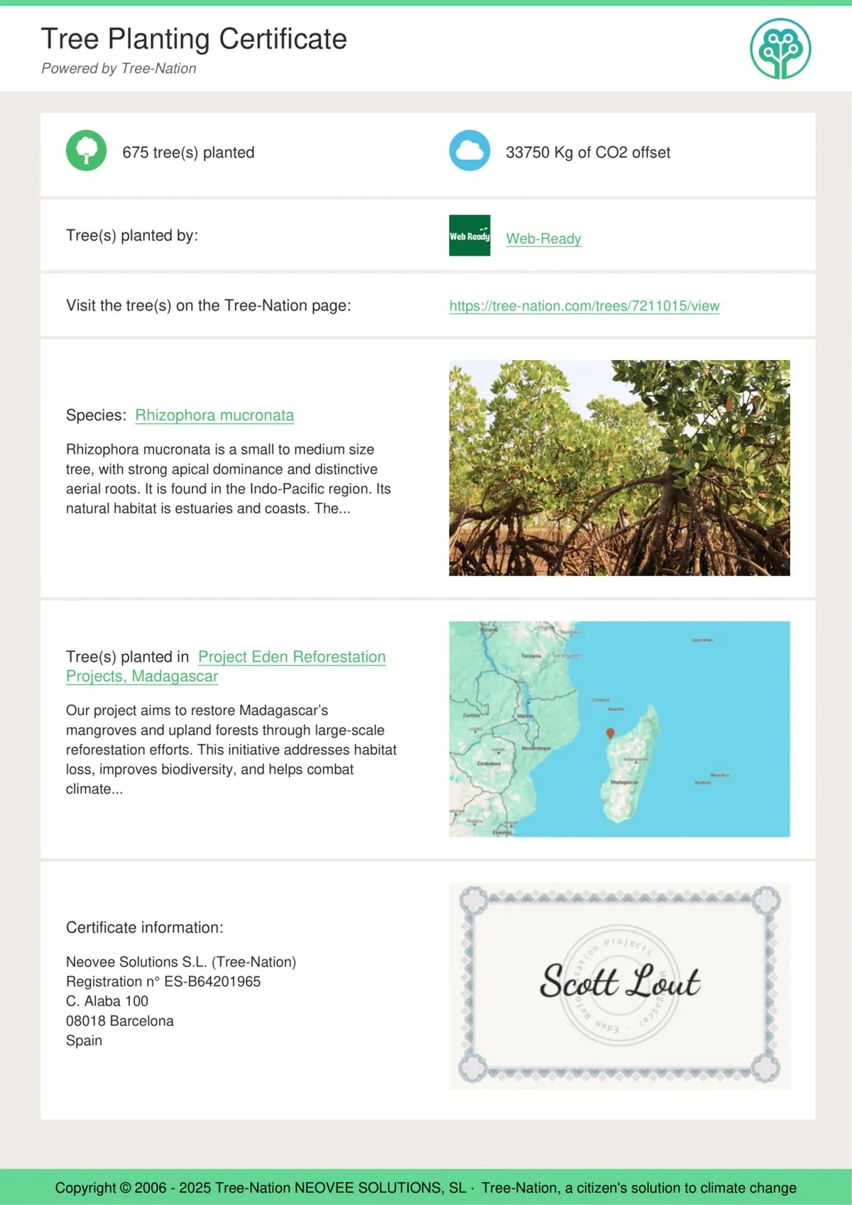 Tree-Nation certificate records 675 trees planted in Madagascar and 33,750 kilograms of CO2 offset.