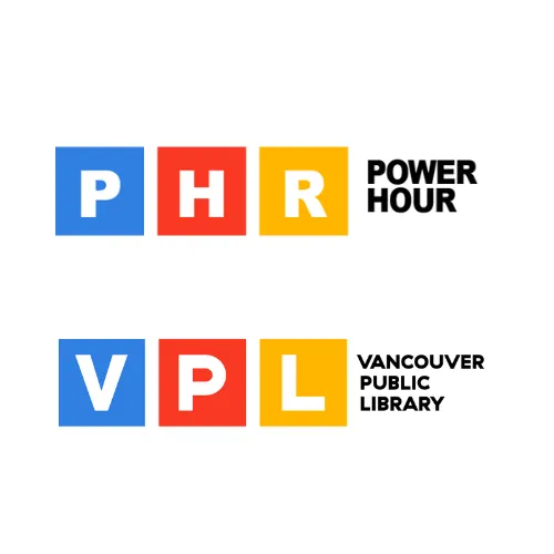 Power Hour logo uses coloured letter blocks above the Vancouver Public Library logo that inspired it.
