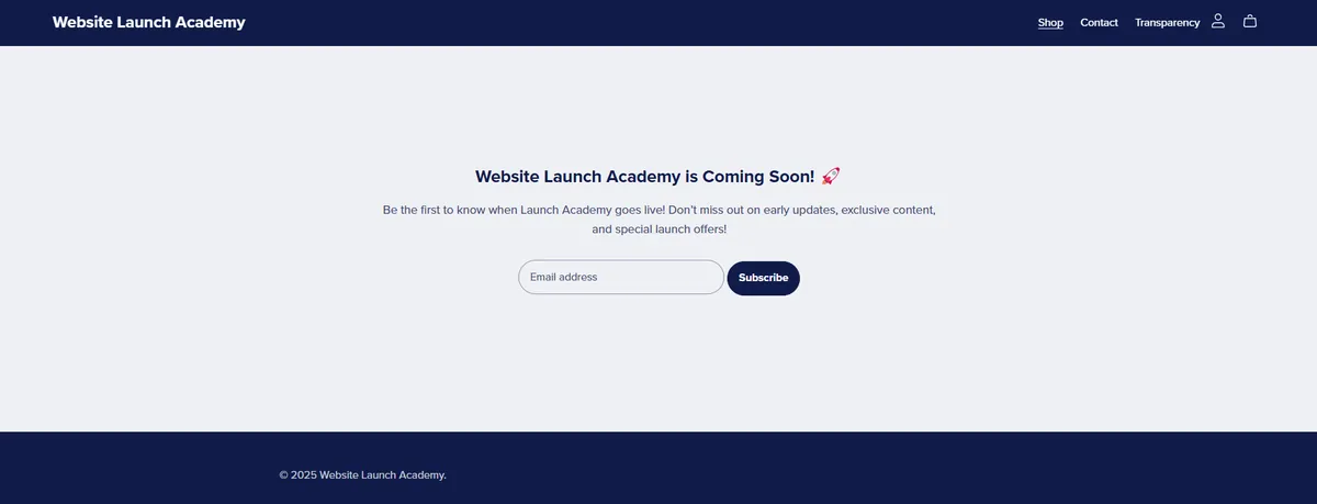 Website Launch Academy’s coming-soon page offers an email signup for launch updates.