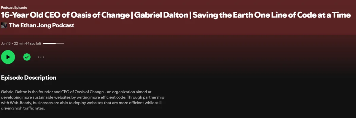 Spotify episode page features Gabriel on The Ethan Jong Podcast with the title “Saving the Earth One Line of Code at a Time”.