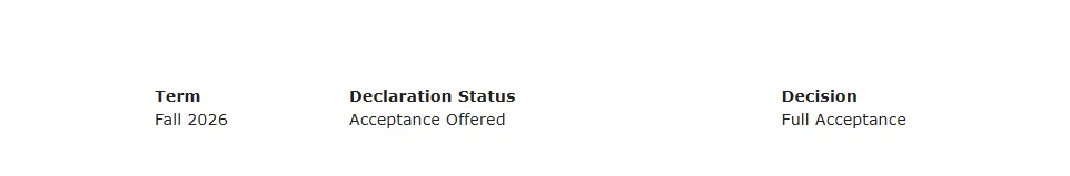 BCIT application status shows “Acceptance Offered” and “Full Acceptance” for Fall 2026.