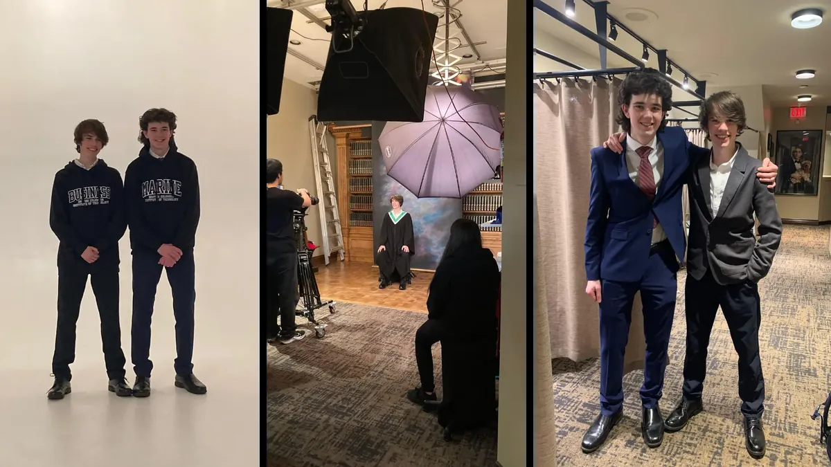 Collage shows Gabriel and Sean posing together and a graduation portrait session with studio lights.