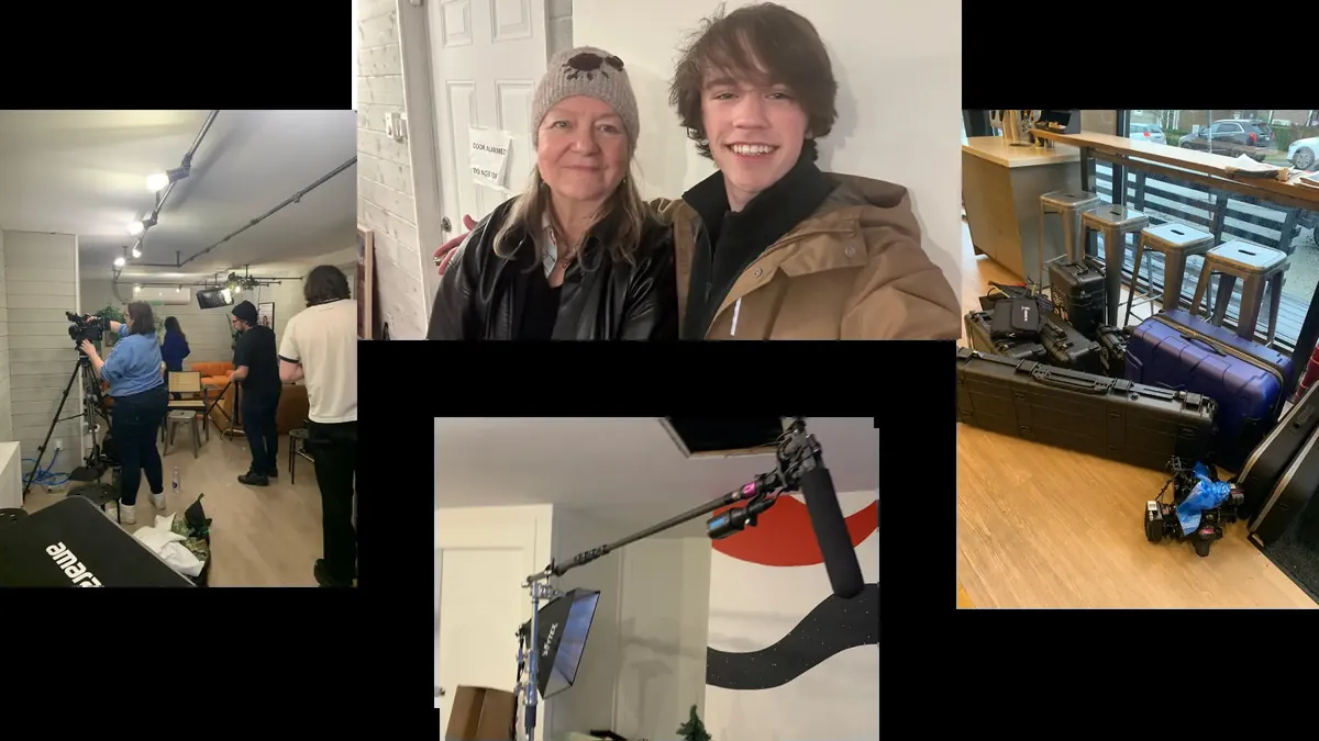 Behind-the-scenes collage from a cyberbullying documentary shows filming equipment, an interview setup and Gabriel with another participant.