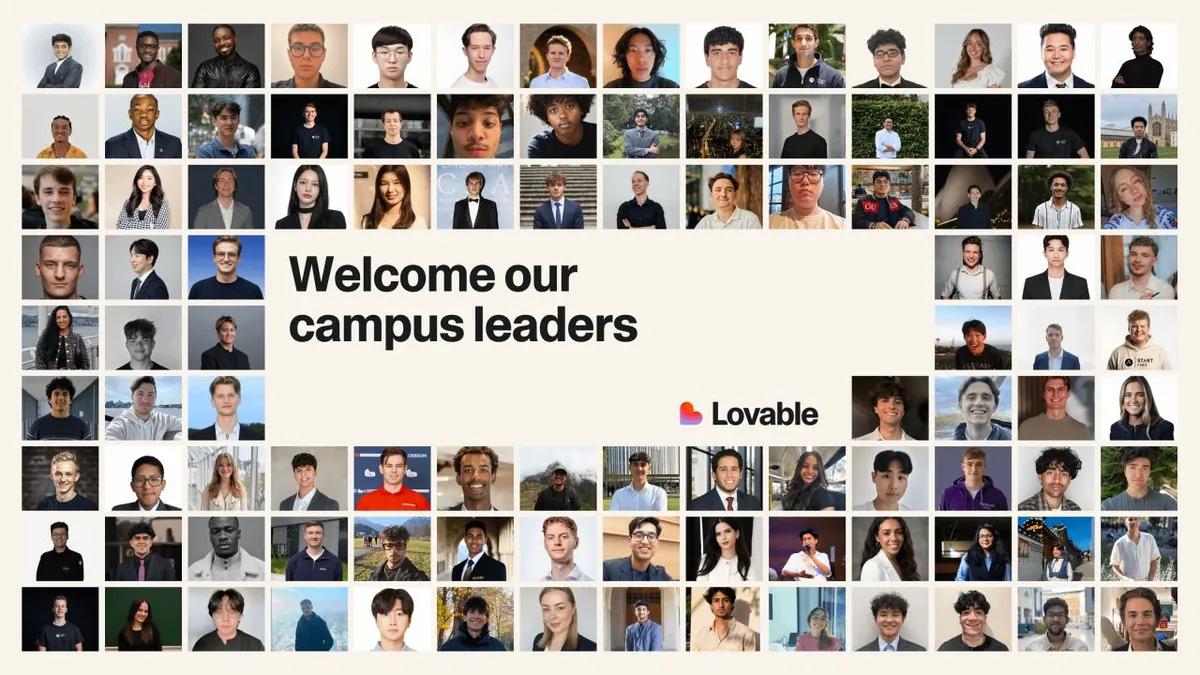 Lovable’s “Welcome our campus leaders” graphic surrounds the announcement with portraits of the new cohort.