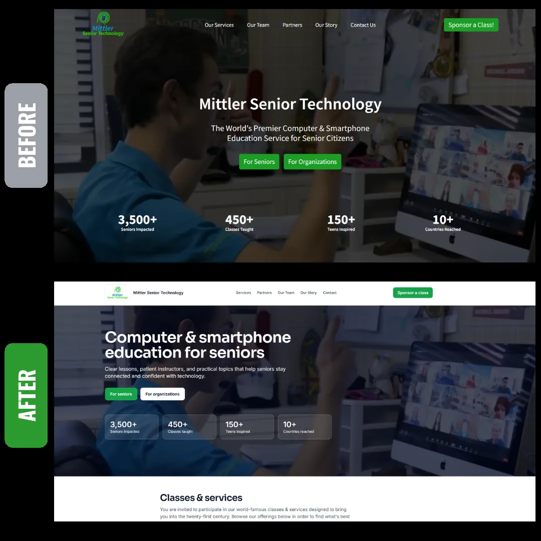 Before-and-after comparison of Mittler Senior Technology’s homepage shows the new headline “Computer & smartphone education for seniors”.
