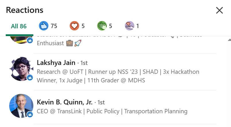 LinkedIn reactions list includes TransLink CEO Kevin B. Quinn Jr. among 86 reactions to Gabriel’s post.