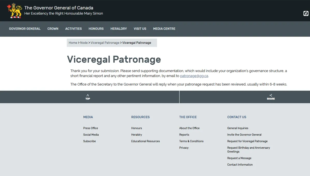 Governor General website confirms receipt of a viceregal patronage application and requests supporting documentation.