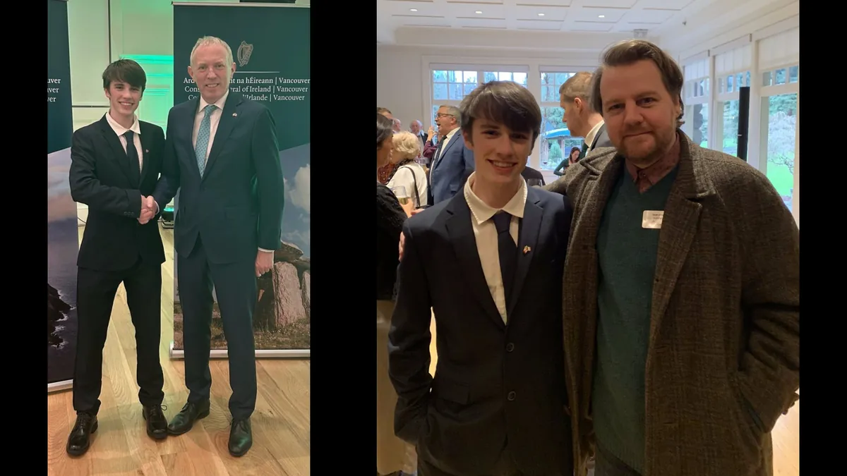 Two reception portraits show Gabriel with Minister Timmy Dooley and Vancouver Councillor Sean Orr.