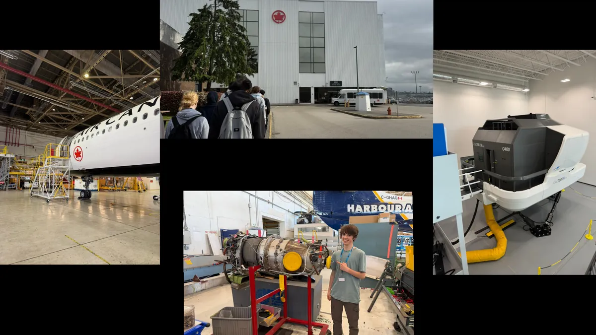 Aviation program collage shows an Air Canada hangar, students arriving, Gabriel beside an engine and a flight simulator.