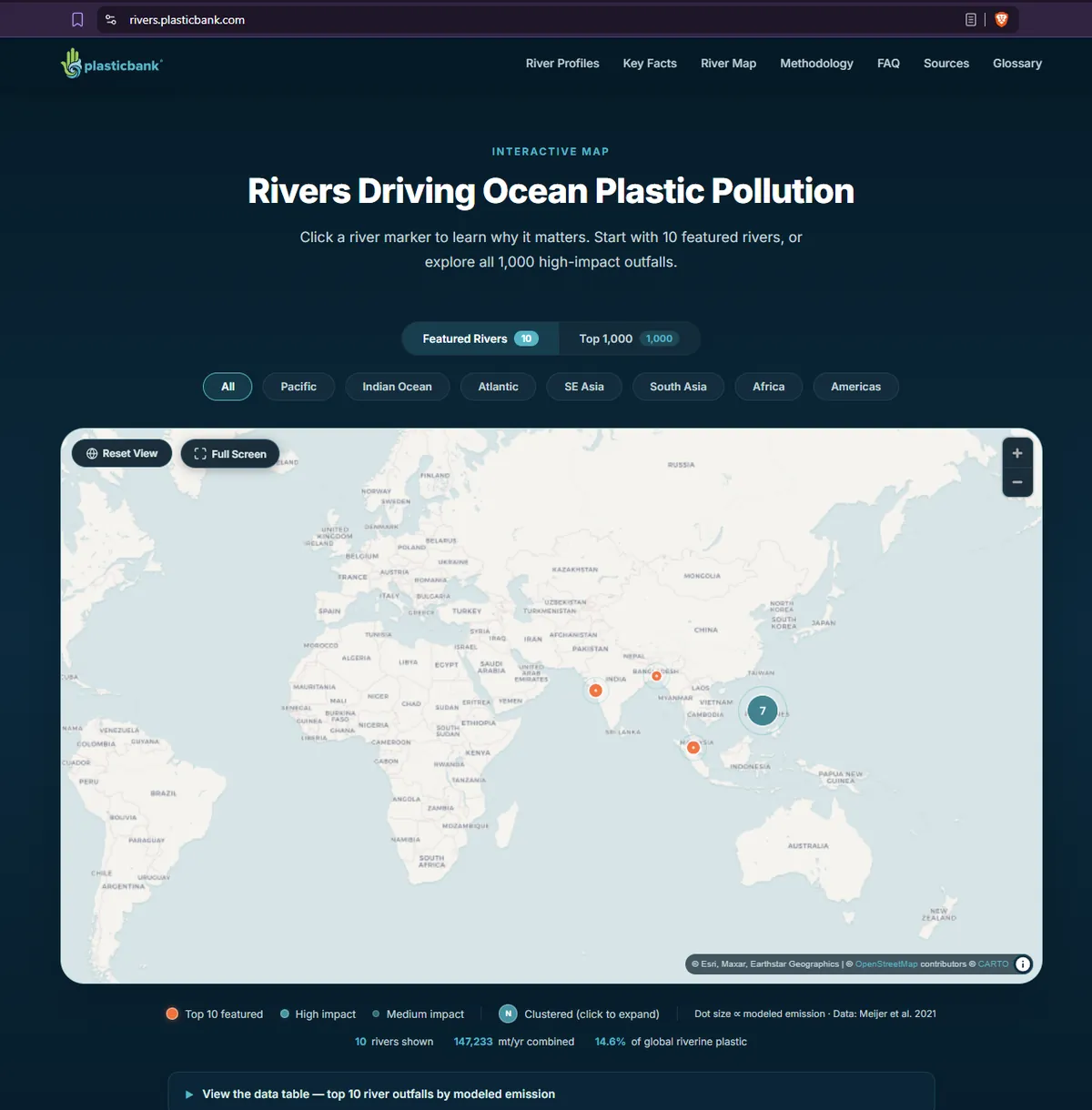 Plastic Bank’s “Rivers Driving Ocean Plastic Pollution” page displays an interactive world map with river markers.
