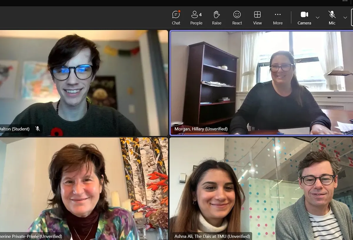 Video call shows Gabriel and four other participants during his presentation about Screen Break outcomes to Senator Katherine Hay.