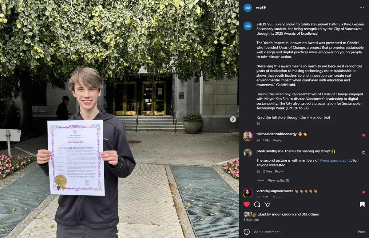 Vancouver School Board Instagram post celebrates Gabriel’s innovation award beside a portrait of him holding the Sustainable Technology Week proclamation.