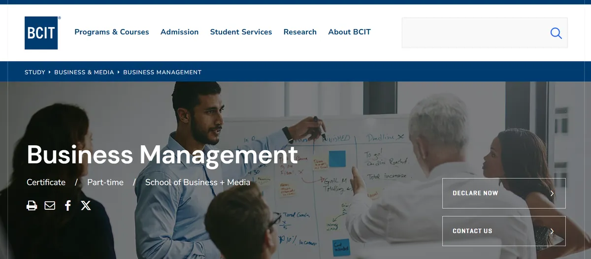 BCIT’s Business Management page identifies the program as a part-time certificate in the School of Business and Media.