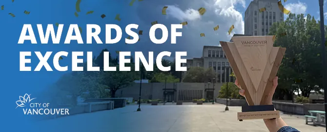 City of Vancouver “Awards of Excellence” banner shows a wooden trophy held outside City Hall.