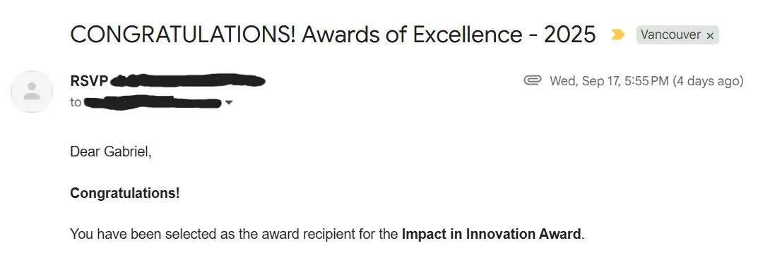 Email congratulates Gabriel on being selected for the City of Vancouver’s Impact in Innovation Award.