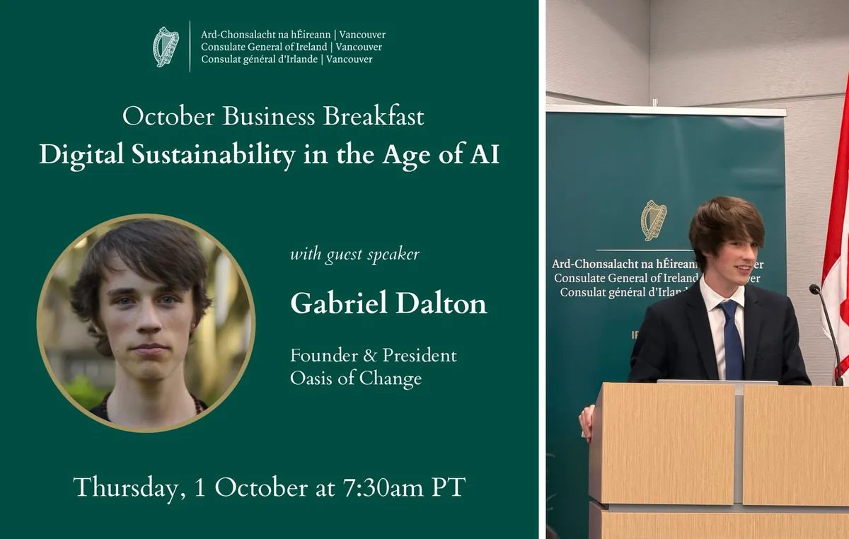 Irish Consulate poster announces Gabriel’s “Digital Sustainability in the Age of AI” breakfast talk beside a portrait of him at the lectern.